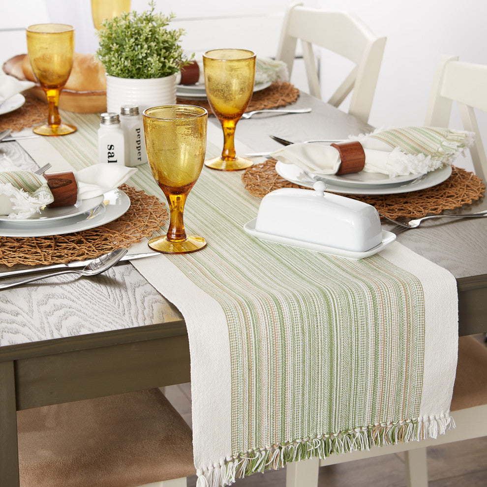 Thyme Striped Fringed Table Runner 14X72