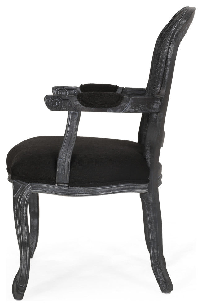 Ardyce French Country Fabric Upholstered Wood and Cane 5-Piece Dining Set, Gray/Black