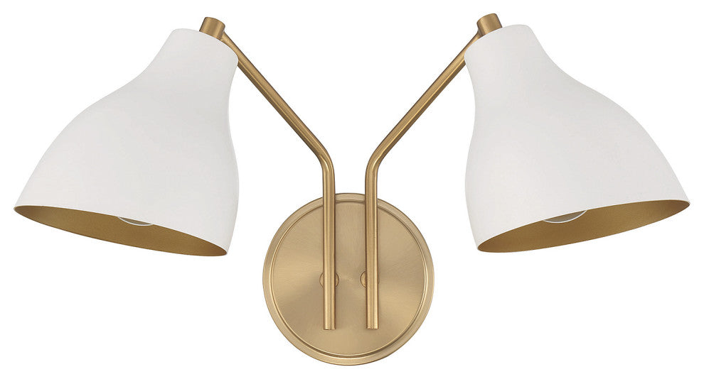 2-Light Wall Sconce, Matte Black With Natural Brass, White With Natural Brass