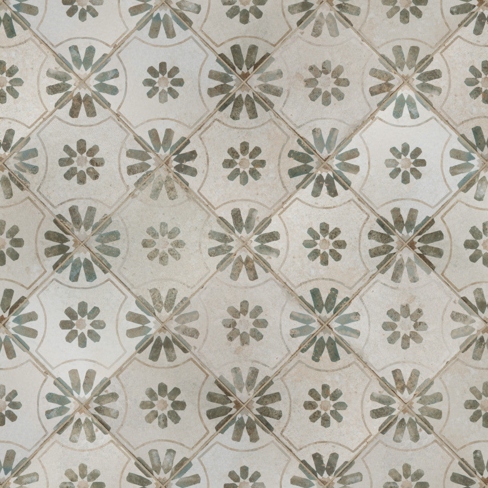 Kings Blume Encaustic Ceramic Floor and Wall Tile, Sage Green