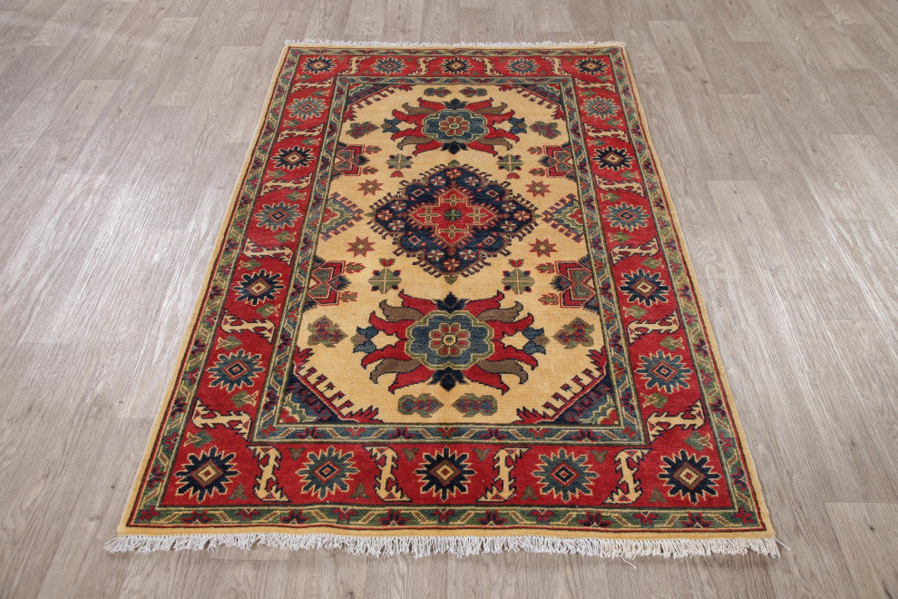 Kazak Oriental Pakistani Traditional Hand-Knotted Area Rug, Beige, 6'1"x4'0
