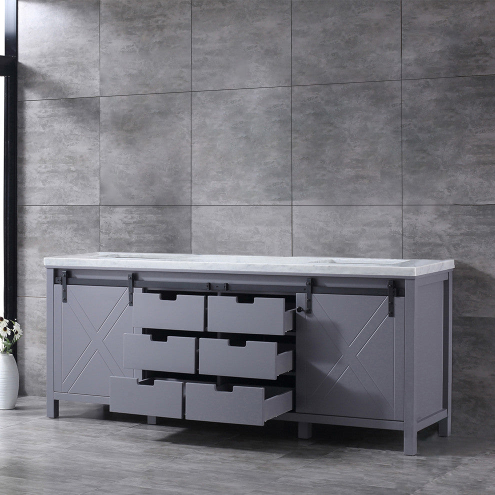Marsyas 84" Dark Gray Double Vanity, White Marble Top, White Sinks, No Mirror