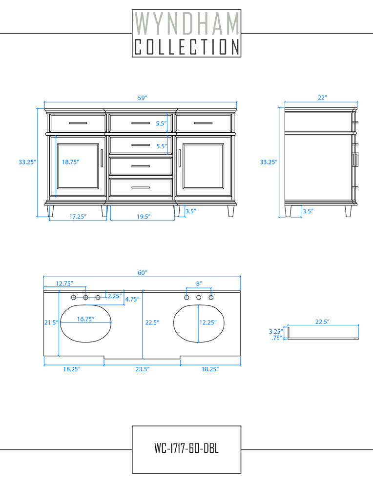 Berkeley 60" White Double Vanity, Ivory Marble Top, Um Rd Sinks, 56"
