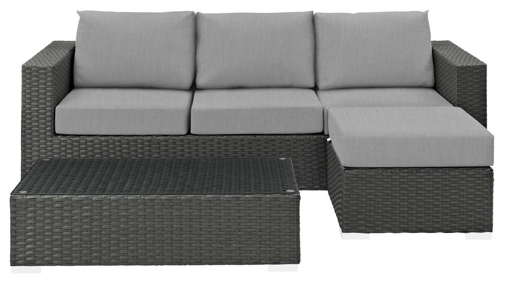 Modern Outdoor Lounge Sectional Sofa Set, Sunbrella Rattan Wicker, Gray