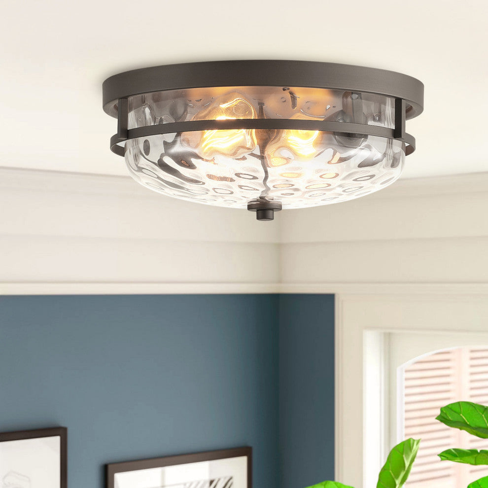 Vintage Oil Rubbed Bronze 2-Light Drum Shape Stone Ripple Glass Ceiling Light