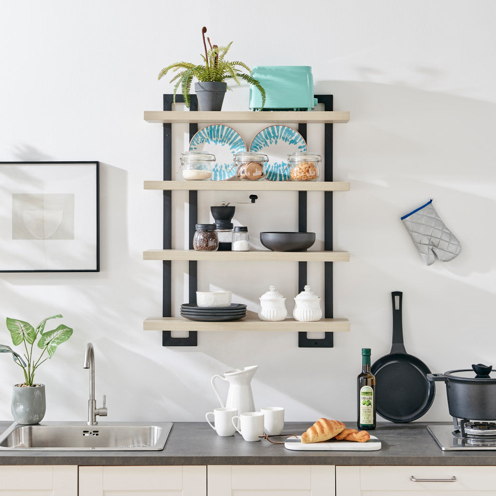 Danya B. 4-Tier Floating Bracket Wall Shelf Metal and MDF Finish, White Birch