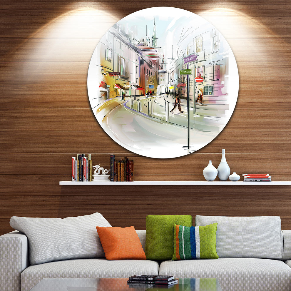 Colorful Illustration Of City, Cityscape Disc Metal Wall Art, 36"