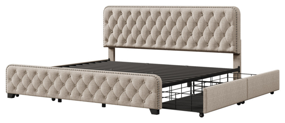Metal Platform Bed with Headboard, Upholstered and 4-Drawer, Beige, 84.6" X 79.5"