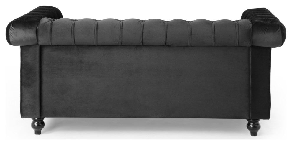 Timber Contemporary Button Tufted Loveseat with Nailhead Trim, Black and Dark Brown, Velvet
