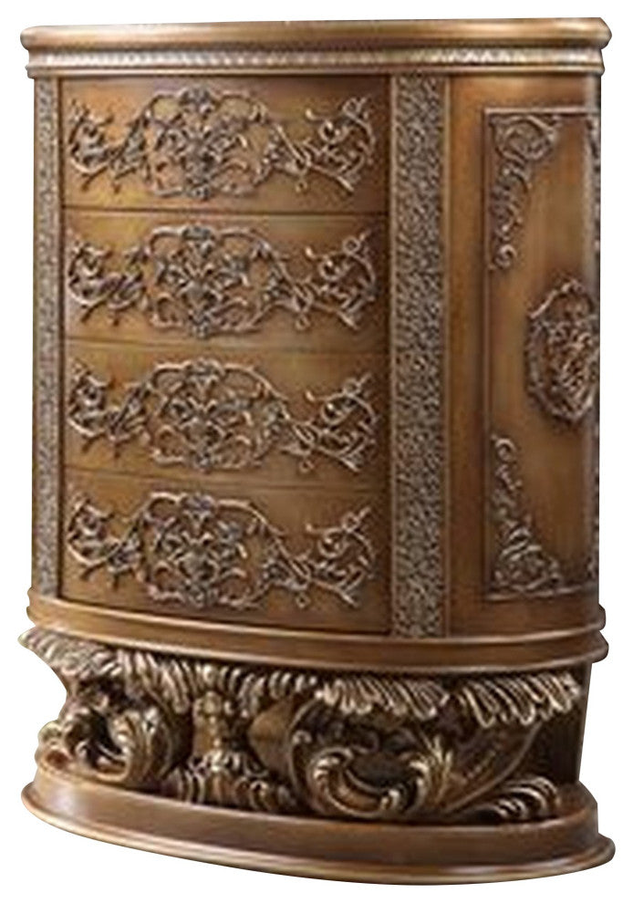 Benzara BM269594 Chest With 4 Storage Drawers/Ornate Engravings, Antique Gold