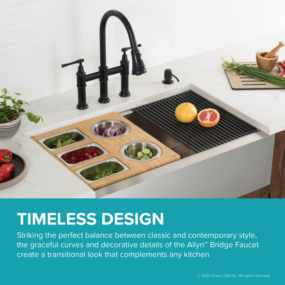 Allyn Traditional 3-Function Bridge Pull-Down Kitchen Faucet Matte Black