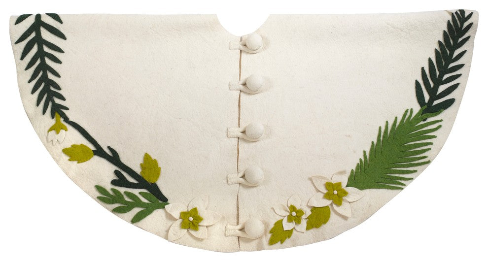 Handmade Christmas Tree Skirt in Felt, Greenery Border on Cream, 60"