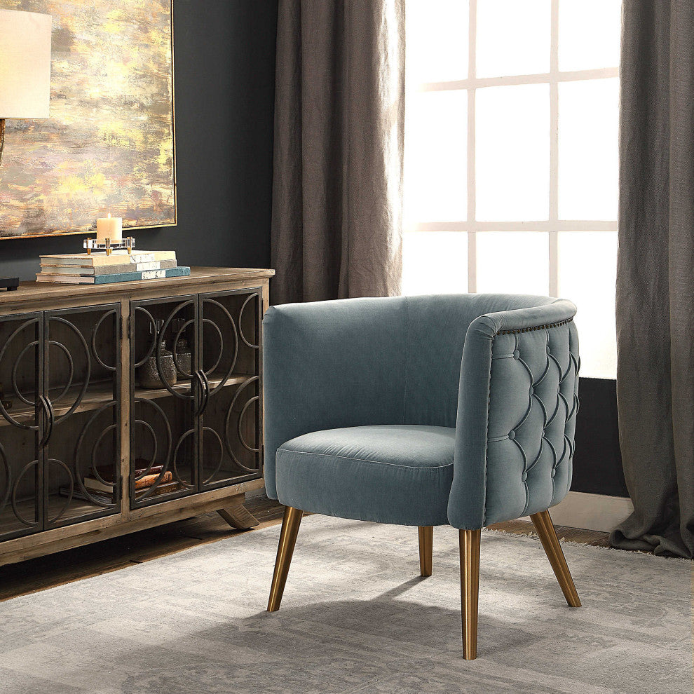 Mid Century Gray Velvet Barrel Tub Chair, Button Diamond Tufted Gold Metal Legs