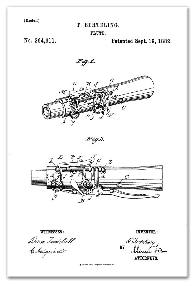 Vintage Flute Sketch Patent 16"x24" Print on Canvas