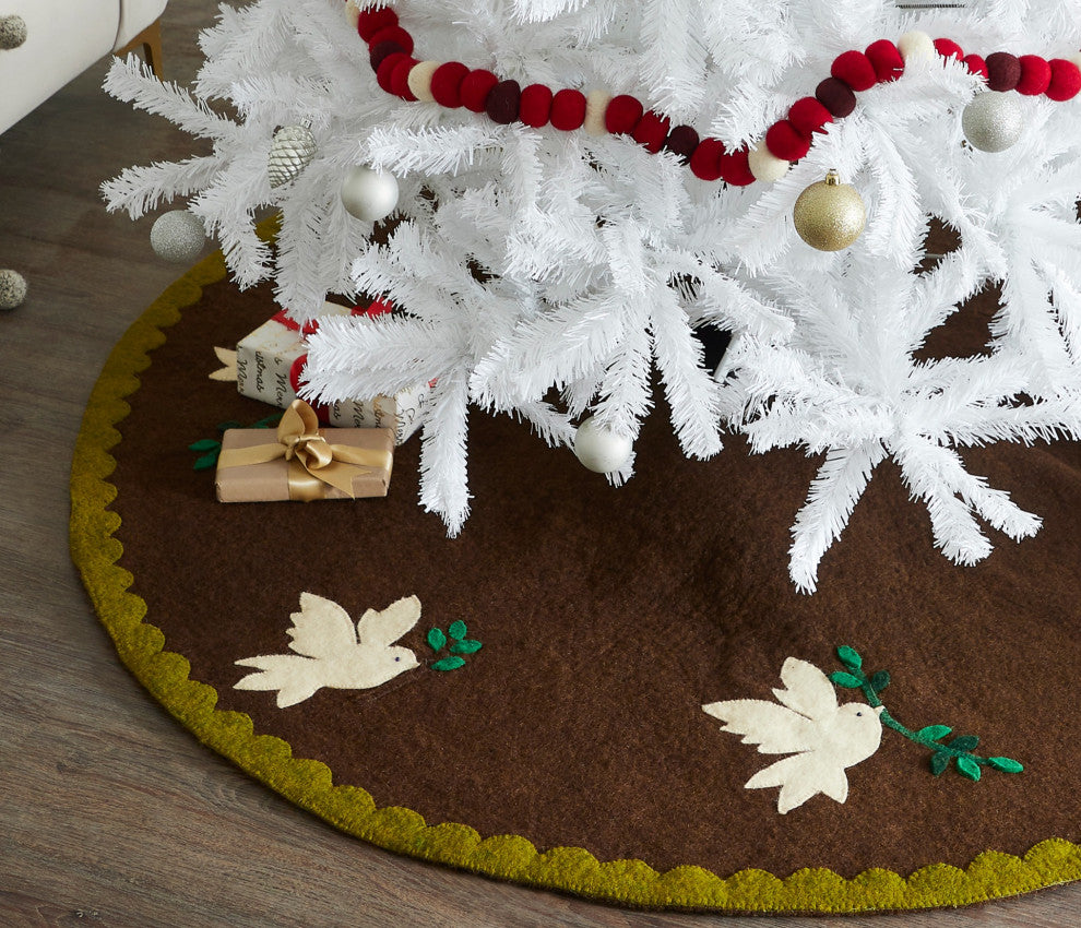 Doves on Brown Christmas Tree Skirt in Hand Felted Wool - 60"