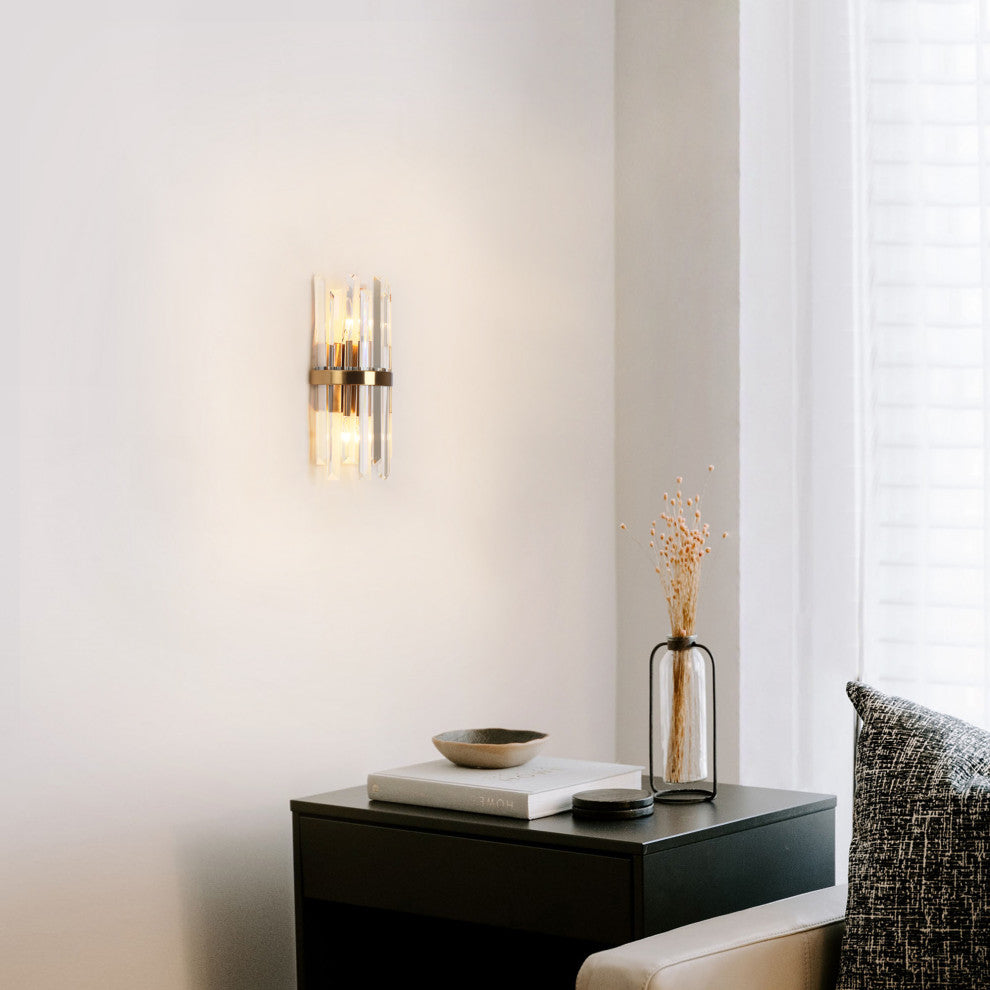 LNC 2-Light 6" Modern Brass Crystal Glass Wall Sconce, Vertical Prism Design