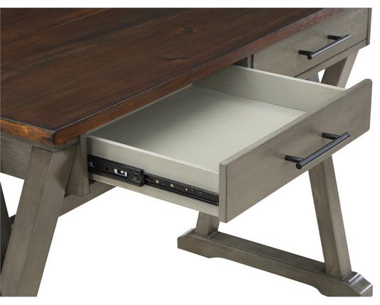 Traditional Desk, Geometric Legs With Trestle Support & 2 Drawers, Slate Gray