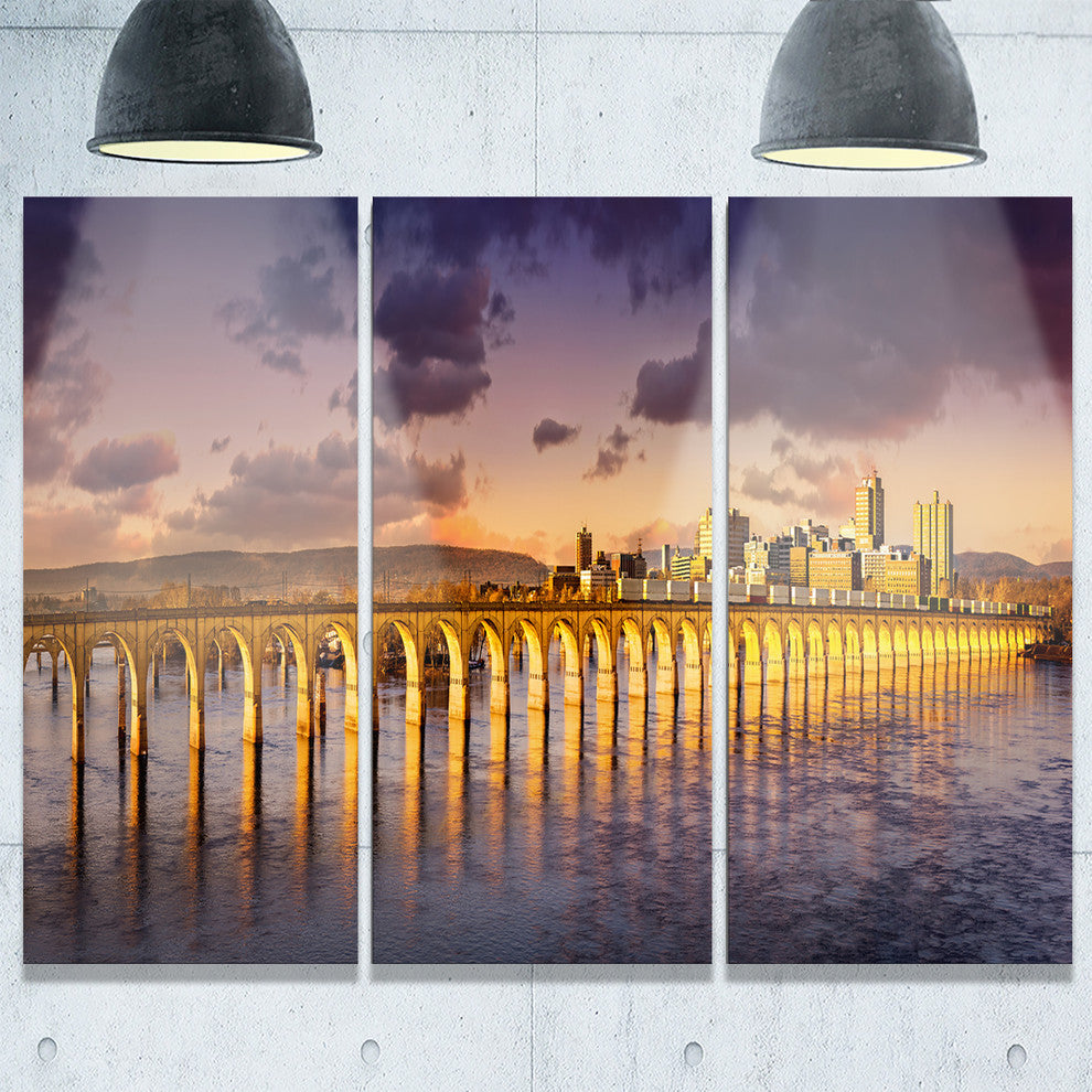 "Pennsylvania Railroad Bridge Skyline" Metal Wall Art, 3 Panels, 36"x28"
