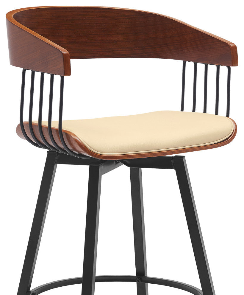 Athena 27" Swivel Walnut Wood Counter Stool Cream Faux Leather With Black Metal, 27