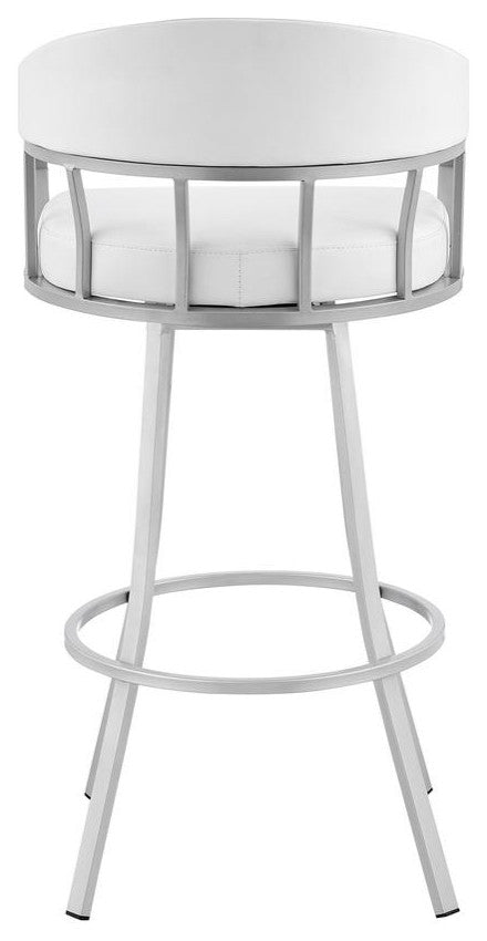 Swivel White Faux Leather and Silver Metal Bar Stool