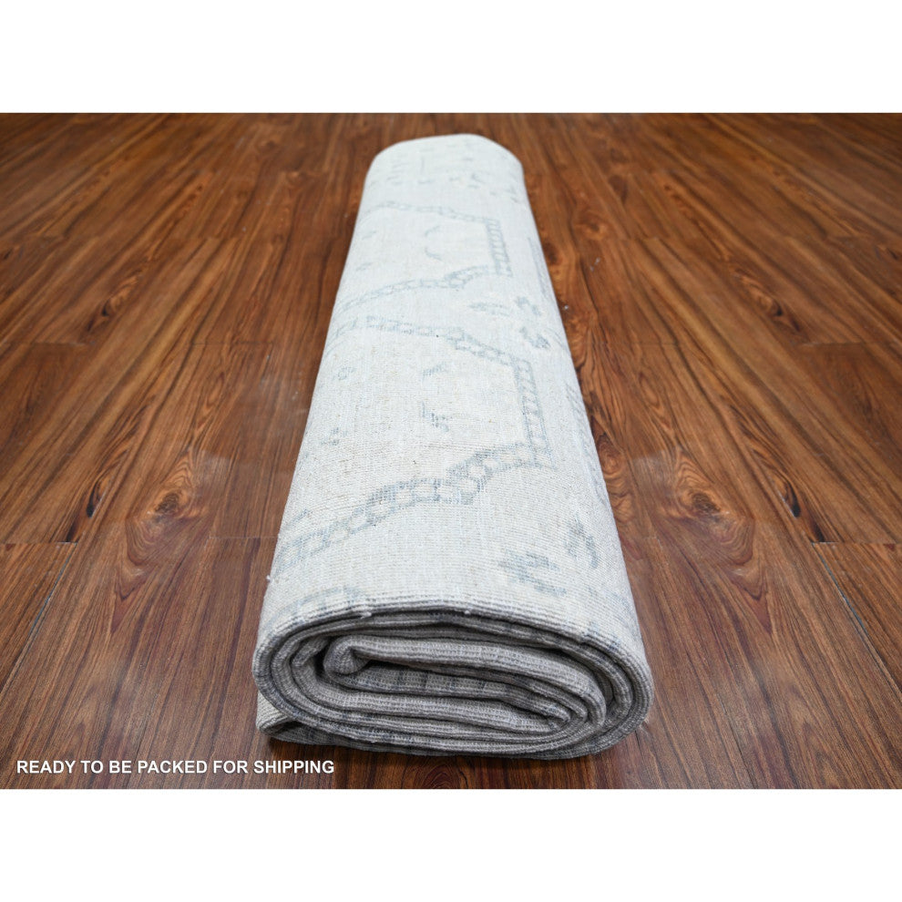 Ash Gray, Stone Washed Peshawar Wool Hand Knotted Oriental Rug, 9'x11'8"