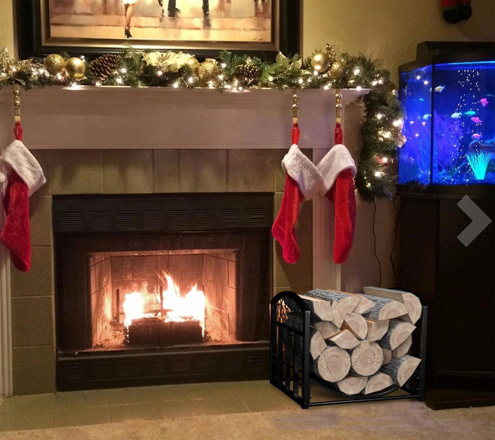 Firewood Rack Holder with Decorative Scrolls in Black by Home-Complete