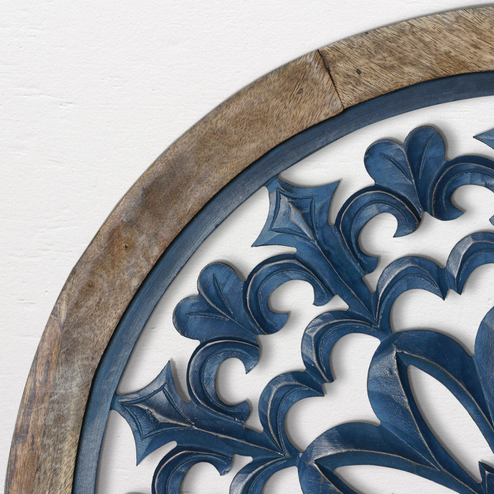 Distressed Wood Framed Round Navy Blue Floral Wall Art Medallion - 24"