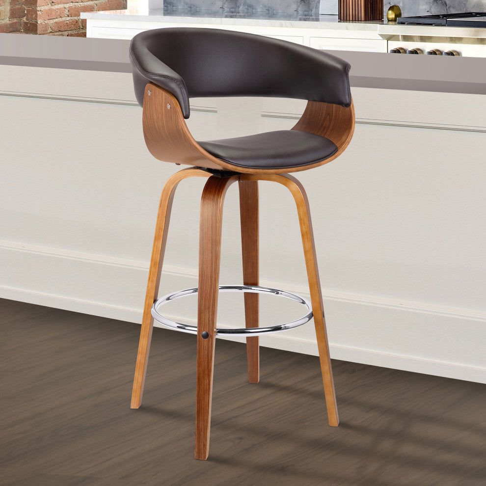 Julyssa Mid-Century Swivel Stool, Faux Leather, Brown/Walnut, Bar Height 30"