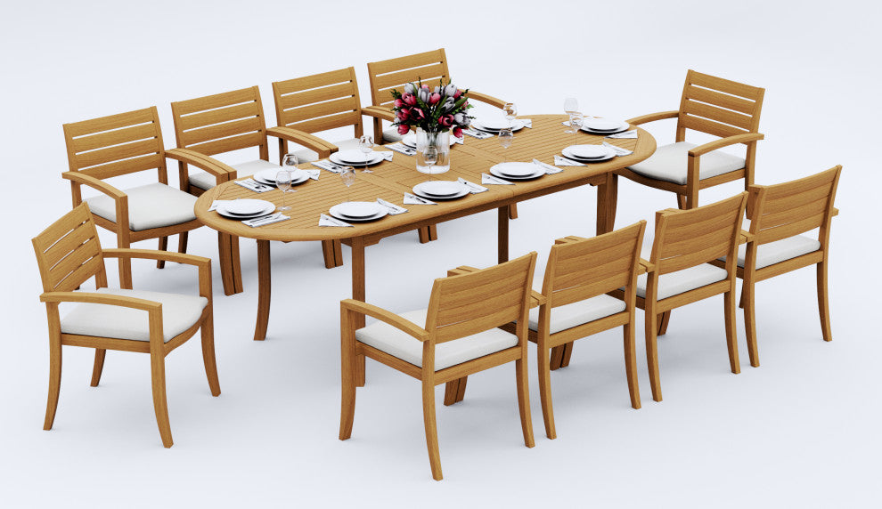 11-Piece Outdoor Teak Dining Set: 94" Oval Table, 10 Trav Stacking Arm Chairs
