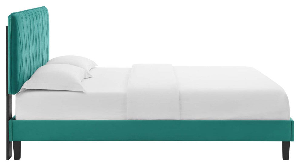 Platform Bed Frame, King Size, Velvet, Teal Blue, Modern Contemporary, Bedroom