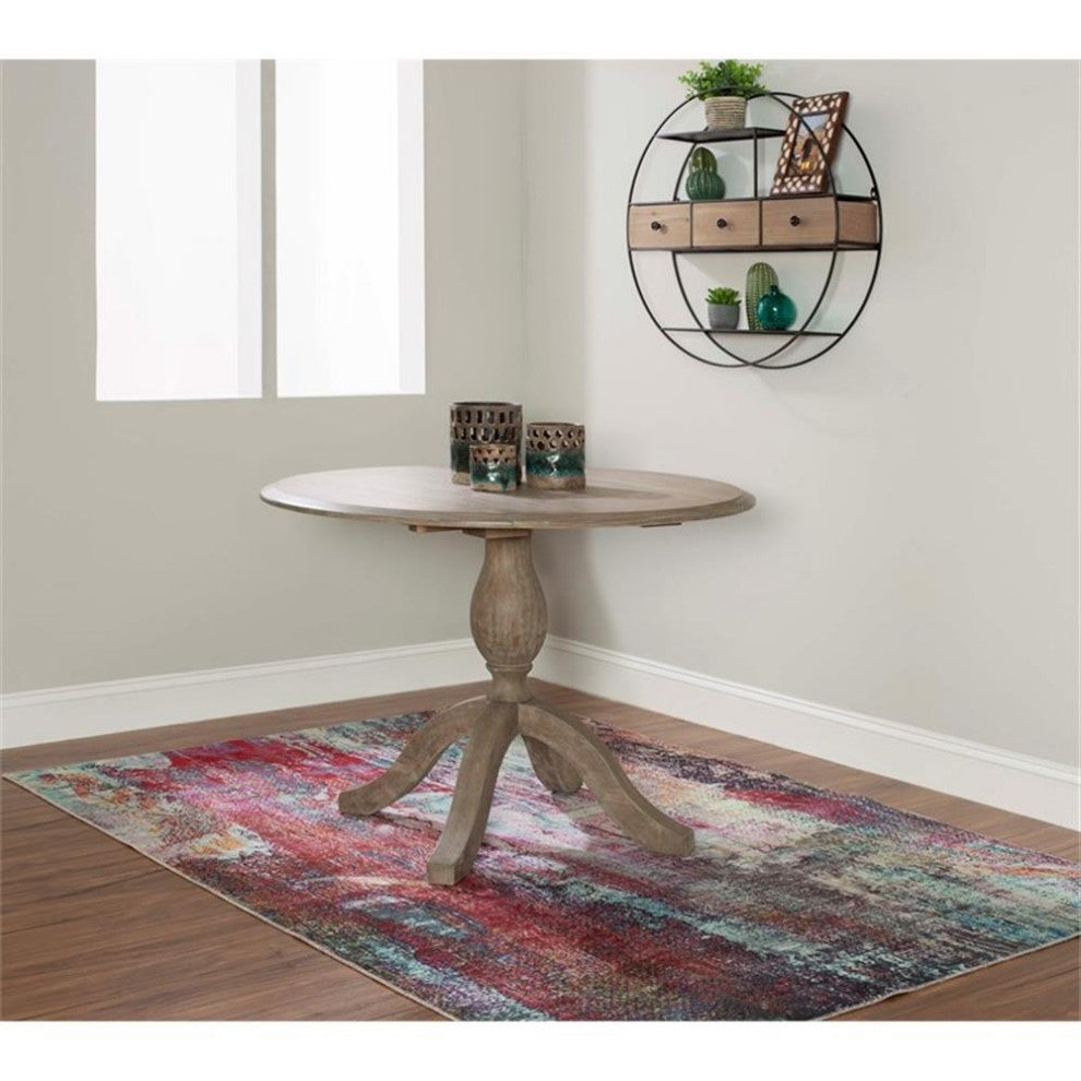 Linon Ervin Round Drop Leaf Pedestal Dining Table in Rustic Grey Washe