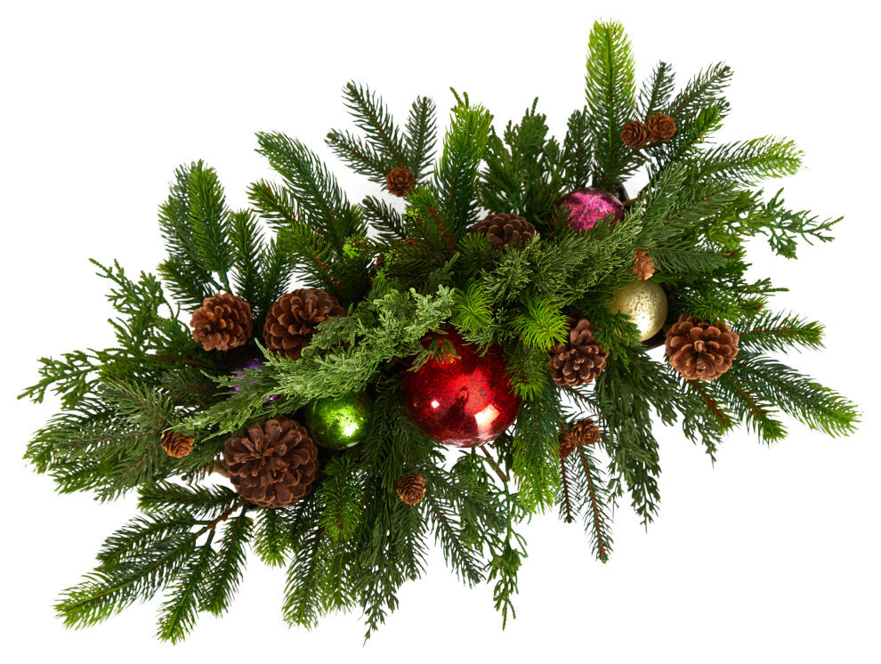 24" Cedar Pine, Pinecones and Ornaments Faux Christmas Arrangement, Tin Vase