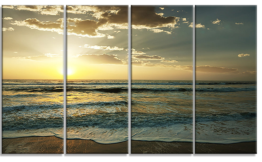 Dark Beach and Waves At Sunset, Beach Photo Canvas Print, 48"x28", 4 Panels