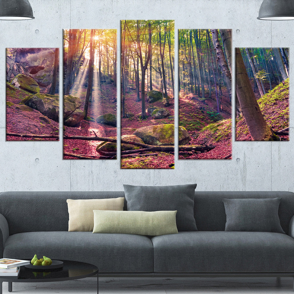 Autumn Morning in Mystical Woods, Landscape Canvas Print, 60"x32", 5 Panels