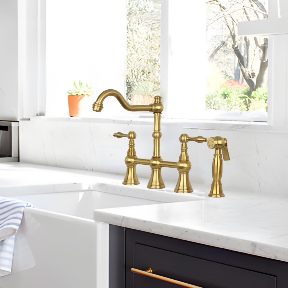 Two-Handles Copper Bridge Kitchen Faucet with Side Sprayer, Brushed Gold