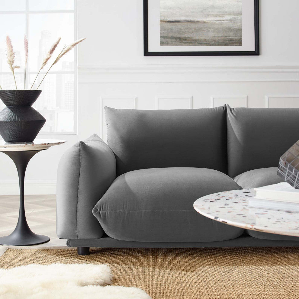 Sofa, Velvet, Gray, Modern, Living Lounge Room Hotel Lobby Hospitality