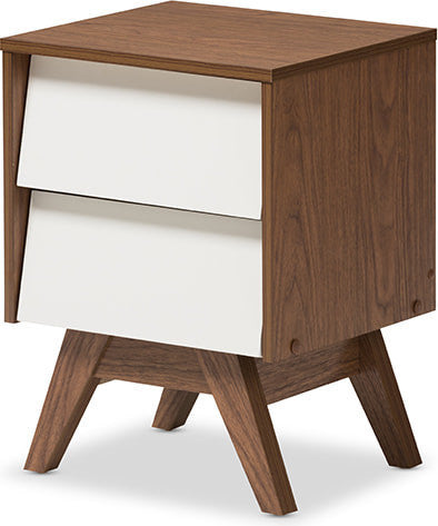 Hildon Mid-Century White and Walnut Wood 2-Drawer Storage Nightstand