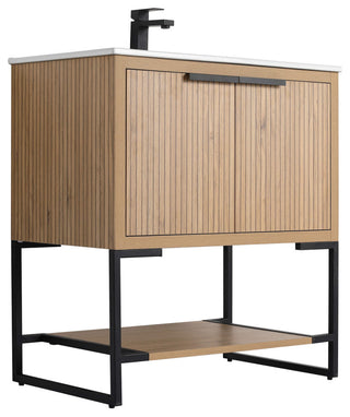 Kingsford Grooved-Look Bath Vanity, Bright Oak, White Ceramic Sink, 30", Doors