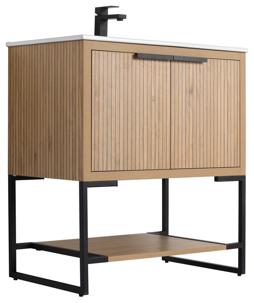 Kingsford Grooved-Look Bath Vanity, Bright Oak, White Ceramic Sink, 30", Doors