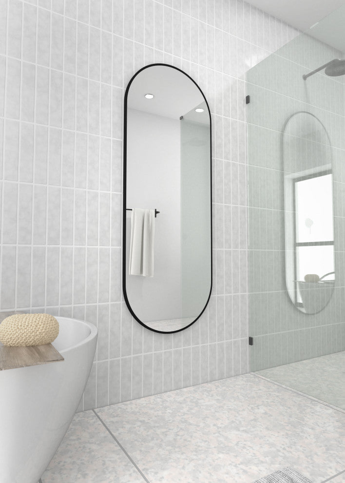 22" W X 60" H Pill Shape Stainless Steel Framed Mirror, Black