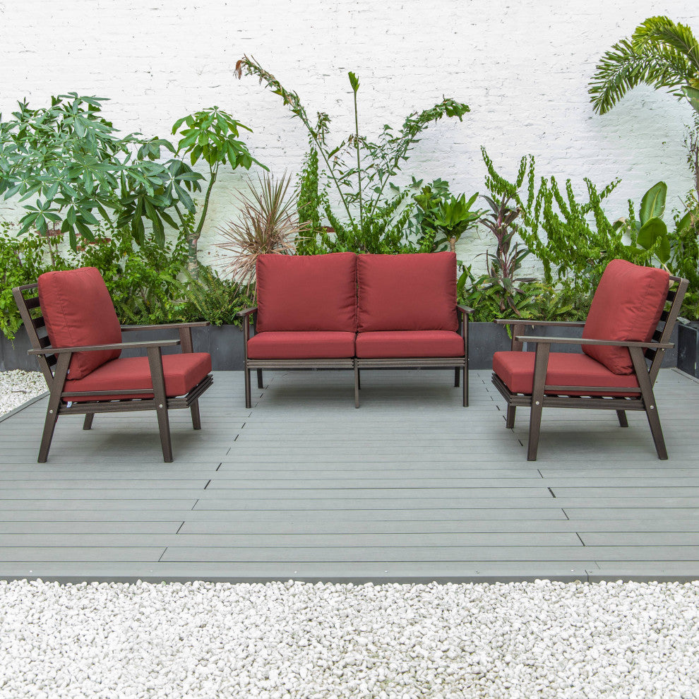 LeisureMod Walbrooke 3-Piece Patio Set With Brown Aluminum Frame and Cushions, Red