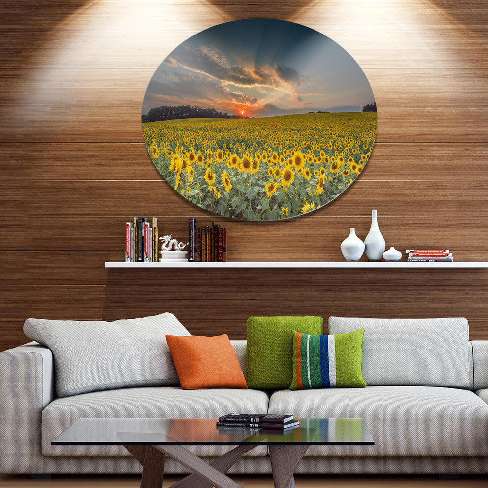 Sunflower Sunset With Cloudy Sky, Landscape Wall Round Wall Art, 23"