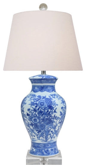 Blue and White Porcelain Floral Vase Table Lamp, 26"