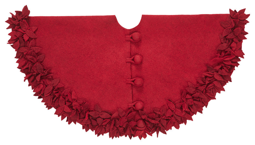 Hand Felted Wool Christmas Tree Skirt Overlapping Flowers, Maroon