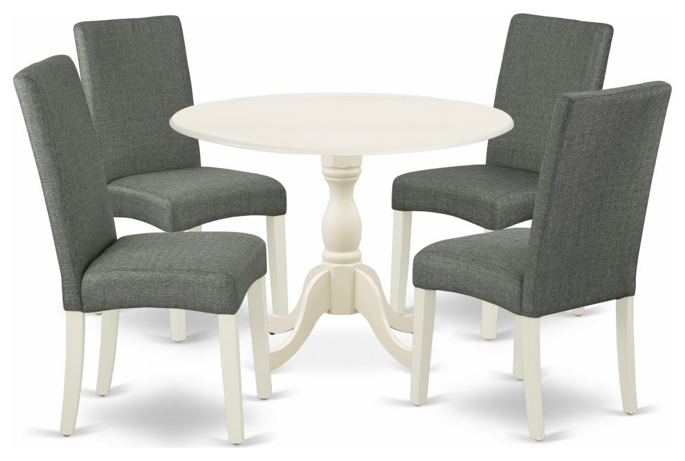 5 Pc Dining Set, 1 Drop Leaves Wooden Table, 4 Grey Chairs, Linen White Finish