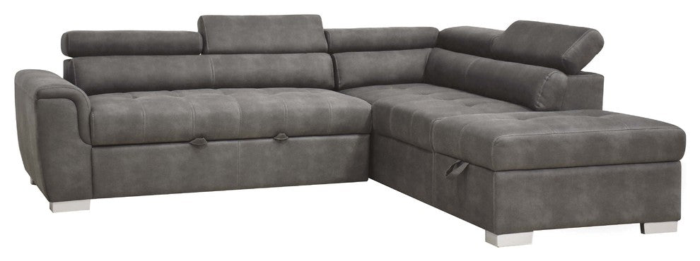 ACME Thelma Sectional Sofa With Sleeper and Ottoman, Gray Polished Microfiber