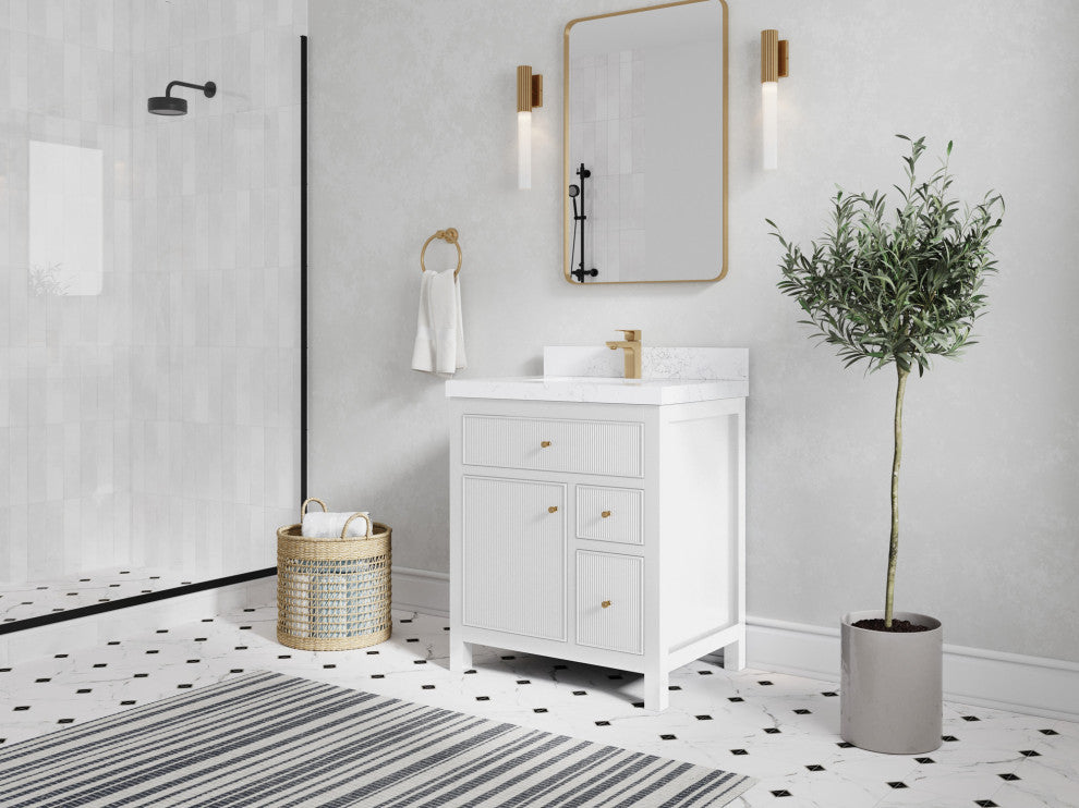 Sonoma 30 Single Sink Reeded Bath Vanity in White 2" Piatra Gray