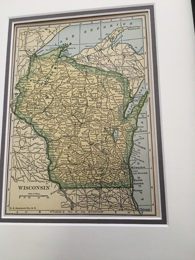 Original Wisconsin Map, Framed Vintage Wisconsin Map- Authentic 1920s