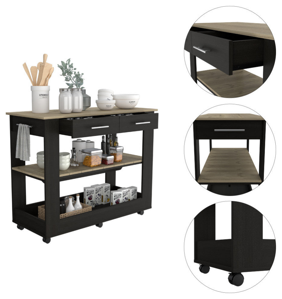Brooklyn 80 Light Oak Accented Kitchen Island, with Shelves and Drawers, Black