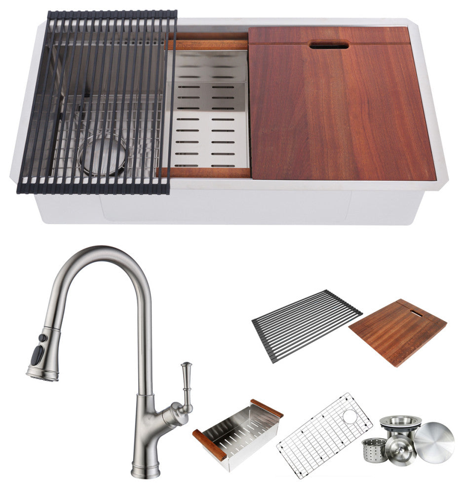 Workstation 36" Undermount Single Bowl Kitchen Sink With Faucet